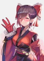 Rule 34 | 1girl, alternate costume, blush, bow, breasts, brown hair, closed eyes, closed mouth, collarbone, frilled gloves, frills, gloves, gomashiwo o, gradient background, hair between eyes, hair bow, hair over one eye, highres, hololive, japanese clothes, kimono, large breasts, long sleeves, mechanical arms, obi, obijime, red bow, red gloves, red kimono, roboco-san, roboco-san (new year), sash, short hair, smile, solo, standing, swept bangs, upper body, virtual youtuber, wide sleeves