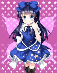 Rule 34 | 1girl, arm behind back, black hair, black ribbon, blue bow, blue dress, blue eyes, blunt bangs, boots, bow, cowboy shot, cross-laced footwear, dress, fairy wings, finger to eye, hair between eyes, hair bow, highres, knee boots, long hair, looking at viewer, puffy short sleeves, puffy sleeves, purple background, ribbon, ruu (tksymkw), short sleeves, smile, solo, standing, star (symbol), star print, star sapphire, starry background, touhou, transparent wings, wings