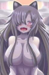 Rule 34 | 1girl, animal ears, bad id, bad twitter id, blush, breasts, cloud, collarbone, commentary request, gero zoukin, hair over breasts, hair over one eye, huge breasts, imaizumi kagerou, long hair, looking at viewer, navel, nude, open mouth, red eyes, sharp teeth, teeth, touhou, very long hair, wet, wolf ears