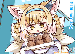 Rule 34 | 1girl, ^ ^, absurdres, animal ears, arknights, artist name, benizika, blonde hair, blush, braid, braided hair rings, chibi, chibi only, closed eyes, colored tips, commentary request, crossed bangs, cupcake, drooling, earpiece, food, fox ears, fox girl, fox tail, hair between eyes, hair rings, highres, holding, kitsune, kyuubi, looking down, mouth drool, multicolored hair, multiple tails, open mouth, signature, solo, suzuran (arknights), tail, translation request, twin braids, twitter username, two-tone hair, valentine, white hair, yellow eyes