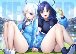 Rule 34 | 2girls, :p, ass, blue archive, blue eyes, blue footwear, blue hair, blue track suit, bottle, breasts, grey hair, gym shorts, halo, highres, holding, holding bottle, holding hands, large breasts, long hair, long sleeves, looking at viewer, mechanical halo, multiple girls, noa (blue archive), official alternate costume, one eye closed, open mouth, partially unzipped, purple eyes, shorts, thighs, tongue, tongue out, very long hair, water bottle, white footwear, white hair, xfate, yuuka (blue archive)