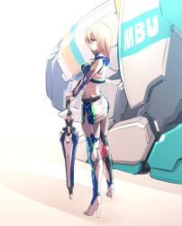Rule 34 | 1girl, alternate costume, android, bandeau, blue eyes, commentary, cropped jacket, expressionless, hair between eyes, high heels, highres, holding, holding umbrella, ishiyumi, looking to the side, mechanical buddy universe, miniskirt, momdroid (mechanical buddy universe), platinum blonde hair, race queen, robot parts, science fiction, short hair, side slit, skirt, solo, thighhighs, umbrella