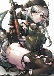 Rule 34 | 1girl, ahoge, arknights, black gloves, black thighhighs, breasts, commentary request, crocodilian tail, feet out of frame, gloves, goggles, goggles around neck, grey eyes, hand up, highres, hood, long hair, looking at viewer, nyamaso, partial commentary, silver hair, simple background, sitting, small breasts, solo, tail, thighhighs, thighs, tomimi (arknights), torn clothes, torn thighhighs, white background