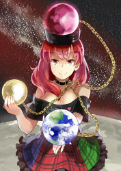 Rule 34 | 1girl, breasts, chain, cleavage, clothes writing, collar, collarbone, deetamu, earth (planet), female focus, hat, hecatia lapislazuli, highres, large breasts, looking at viewer, moon, multicolored clothes, multicolored skirt, off shoulder, planet, red eyes, red hair, shirt, skirt, smile, solo, space, touhou