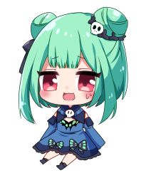 Rule 34 | 1girl, absurdres, animal print, bad id, bad twitter id, bare shoulders, black bow, blue dress, blush, bow, butterfly print, chibi, detached sleeves, double bun, dress, green hair, grey footwear, hair bow, hair bun, hair ornament, highres, hololive, long sleeves, looking to the side, open mouth, puffy sleeves, red eyes, shinonome asu, shoes, short hair, simple background, sitting, skull hair ornament, smile, solo, uruha rushia, uruha rushia (1st costume), virtual youtuber, white background, wide sleeves