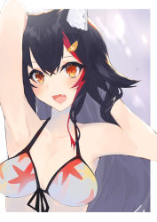 Rule 34 | 1girl, animal ear fluff, animal ears, armpits, arms up, bikini, black hair, blush, breasts, cleavage, commentary, fang, hair ornament, highres, hinata (hinata-ur), hololive, long hair, looking at viewer, medium breasts, multicolored hair, ookami mio, ookami mio (hololive summer 2019), open mouth, orange eyes, red hair, smile, solo, streaked hair, sunlight, swimsuit, two-tone hair, upper body, virtual youtuber, white bikini, wolf ears