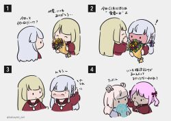 Rule 34 | !, 5girls, ^ ^, arm behind head, arm up, assault lily, blonde hair, blunt bangs, blush, bouquet, bow, bowtie, braid, brown sailor collar, carrying, carrying person, chibi, closed eyes, closed mouth, comic, covering own mouth, cropped torso, date pun, double bun, embarrassed, flower, full-face blush, ghost, grey background, grey hair, grey jacket, hair bow, hair bun, hair ribbon, hand on own head, hand over own mouth, hand up, hands up, highres, holding, holding bouquet, hood, hood down, hooded jacket, jacket, kabayaki (kabayaki eel), kanba girls high school uniform, kon kanaho, long sleeves, looking at another, looking away, miyagawa takane, motion lines, multiple girls, necktie, no mouth, nose blush, number pun, orange flower, outstretched arm, pink bow, pink flower, pink hair, profile, purple ribbon, red bow, red flower, red shirt, ribbon, sadamori himeka, sailor collar, school uniform, serafuku, shade, shirt, short necktie, side braid, simple background, smile, solid oval eyes, tanba akari, toki kureha, translated, twintails, twitter username, v-shaped eyebrows, whispering, white bow, white bowtie, white necktie, yuri