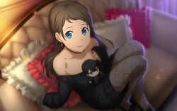 Rule 34 | 1girl, alternate costume, alternate hair length, alternate hairstyle, black choker, black sweater, blue eyes, brown hair, character doll, choker, closed mouth, collarbone, couch, dress, earrings, fishnet pantyhose, fishnets, game cg, indoors, jewelry, kirito, long hair, looking at viewer, off-shoulder sweater, off shoulder, pantyhose, pillow, ronye arabel, short dress, sitting, sleeves past wrists, smile, solo, straight hair, sweater, sweater dress, swept bangs, sword art online, sword art online: alicization