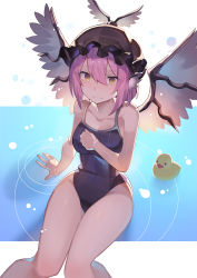 Rule 34 | 1girl, animal ears, bare arms, bare legs, bare shoulders, bird wings, blue one-piece swimsuit, breasts, brown hat, collarbone, falken (yutozin), frown, hat, highres, knees together feet apart, looking at viewer, medium breasts, medium hair, mystia lorelei, one-piece swimsuit, pink hair, ripples, rubber duck, school swimsuit, solo, swimsuit, touhou, wide hips, wings, yellow eyes