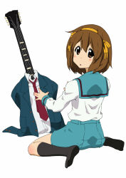 Rule 34 | 1girl, alternate costume, black socks, blazer, blue sailor collar, blue skirt, blush, brown eyes, brown hair, collared shirt, commentary request, cosplay, electric guitar, from behind, full body, green jacket, guitar, hair ornament, hairclip, hirasawa yui, instrument, jacket, k-on!, kita high school uniform, kneehighs, long sleeves, looking at viewer, looking back, necktie, parody, parted lips, pleated skirt, red necktie, sailor collar, school uniform, serafuku, shirt, short hair, simple background, sitting, skirt, socks, solo, suzumiya haruhi, suzumiya haruhi (cosplay), suzumiya haruhi no yuuutsu, uguisu (happy turn), white background, white shirt, winter uniform