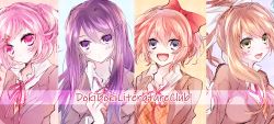Rule 34 | 4girls, :d, blue eyes, bow, brown hair, closed mouth, copyright name, doki doki literature club, green eyes, hair between eyes, hair bow, hair ornament, hair ribbon, hairclip, jacket, long hair, looking at viewer, monika (doki doki literature club), multiple girls, natsuki (doki doki literature club), negi (ngng 9), open clothes, open jacket, open mouth, orange vest, pink eyes, pink hair, plaid, plaid background, ponytail, purple eyes, purple hair, red bow, ribbon, sayori (doki doki literature club), school uniform, shirt, short hair, smile, two side up, vest, white ribbon, white shirt, yuri (doki doki literature club)