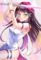 Rule 34 | &gt;:), 1girl, absurdres, arms up, bare shoulders, blush, breasts, brown hair, china dress, chinese clothes, cleavage, closed mouth, commentary request, dress, dutch angle, floral print, gradient hair, green eyes, hair ornament, hairclip, highres, holding, holding sword, holding weapon, katana, kurosawa dia, long hair, looking at viewer, love live!, love live! school idol festival, love live! sunshine!!, medium breasts, mole, mole under mouth, multicolored hair, print dress, purple hair, shaka (staito0515), sleeveless, sleeveless dress, smile, solo, sword, thigh strap, v-shaped eyebrows, very long hair, weapon, white dress