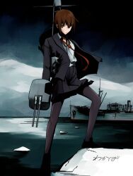 Rule 34 | 1girl, black footwear, black jacket, black pantyhose, black skirt, brown eyes, brown hair, glacier, hair between eyes, highres, ice, jacket, kantai collection, long sleeves, looking at viewer, mutagimi, necktie, open clothes, open jacket, outdoors, pantyhose, pleated skirt, red necktie, rigging, ship, shirt, shoes, short hair, skirt, solo, turret, wakaba (kancolle), water, watercraft, white shirt