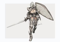 Rule 34 | 1girl, absurdres, armor, armored boots, boots, breasts, covered face, fantasy, faulds, female focus, female knight, full body, helmet, highres, holding, holding shield, holding sword, holding weapon, knight, large breasts, original, pauldrons, running, shield, shoulder armor, signature, solo, sonech, sword, weapon