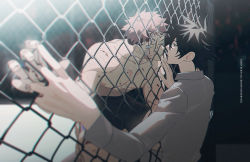 Rule 34 | 2boys, black hair, black shorts, blood, blood on face, blood on hands, blurry, brown eyes, chain-link fence, commentary request, eye contact, eyelashes, fence, fushiguro megumi, green eyes, hair between eyes, itadori yuuji, jujutsu kaisen, k00s, long sleeves, looking at another, male focus, multiple boys, muscular, muscular male, nipples, outstretched arm, pink hair, shirt, short hair, shorts, spiked hair, topless male, undercut, white shirt, yaoi