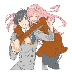 Rule 34 | 10s, 1boy, 1girl, artist name, darling in the franxx, height difference, hiro (darling in the franxx), horns, hug, hug from behind, pantyhose, ricenyan, simple background, white background, zero two (darling in the franxx)