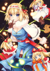 Rule 34 | 1girl, alice margatroid, antlers, apron, bad id, bad pixiv id, bag, blonde hair, blue dress, blue eyes, bow, box, breasts, brown gloves, brown thighhighs, capelet, cleavage, cleavage cutout, clothing cutout, cookie, dress, finger to mouth, food, funnyfunny, gift, gift box, gloves, hair bow, hairband, horns, long hair, looking at viewer, marker, red dress, reindeer antlers, santa costume, shanghai doll, shushing, side slit, smile, thighhighs, touhou, traditional media, waist apron, zettai ryouiki