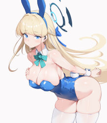 Rule 34 | 1girl, absurdres, animal ears, aqua bow, aqua bowtie, bare shoulders, blonde hair, blue archive, blue bow, blue eyes, blue leotard, bow, bowtie, braid, breasts, detached collar, fake animal ears, fake tail, grey background, hair bow, highres, large breasts, leotard, long hair, looking at viewer, multicolored hair, official alternate costume, playboy bunny, rabbit ears, rabbit tail, simple background, solo, standing, tail, thighhighs, thighs, toki (blue archive), toki (bunny) (blue archive), two-tone hair, white thighhighs, yinori