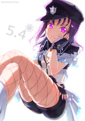 Rule 34 | &gt;:), 1girl, :&gt;, animal ears, bad id, bad pixiv id, believe again, black gloves, black hat, black shorts, cat ears, commentary, crossed legs, dated, english commentary, fingerless gloves, fishnet pantyhose, fishnets, fringe trim, gloves, hand on own cheek, hand on own face, hat, invisible chair, kazuno sarah, kitahara tomoe (kitahara koubou), long hair, looking at viewer, love live!, love live! sunshine!!, love live! sunshine!! the school idol movie over the rainbow, nail polish, pantyhose, peaked cap, purple eyes, purple hair, purple nails, shirt, short shorts, shorts, sitting, skindentation, snowflakes, solo, spoilers, twitter username, white background