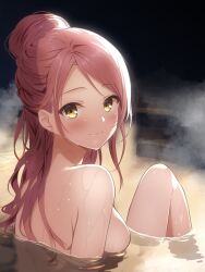 Rule 34 | 1girl, blush, borgbutler, breasts, closed mouth, completely nude, highres, long hair, looking at viewer, love live!, love live! sunshine!!, medium breasts, nude, onsen, partially submerged, red hair, sakurauchi riko, smile, solo, water, yellow eyes