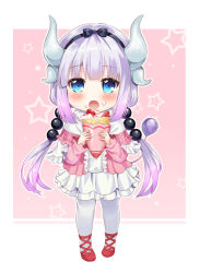 Rule 34 | 1girl, arms up, beads, blue eyes, blue hairband, blush, blush stickers, bow, dragon girl, dragon horns, dress, food, food on face, fruit, gradient background, hair between eyes, hair ornament, hairband, hands up, holding, horns, ice cream, ice cream cone, jokanhiyou, kanna kamui, kobayashi-san chi no maidragon, long hair, long sleeves, looking at viewer, multicolored clothes, multicolored dress, open mouth, puffy long sleeves, puffy sleeves, purple hair, red footwear, solo, standing, star (symbol), starry background, strawberry, thighhighs, twintails, white thighhighs