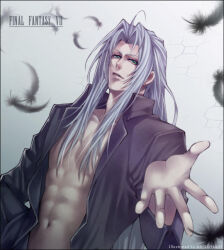 Rule 34 | 1boy, aimio nagi, bare pectorals, black feathers, black shirt, clothes, collared shirt, feathers, final fantasy, final fantasy vii, foreshortening, green eyes, grey hair, long bangs, long hair, male focus, navel, open clothes, open shirt, outstretched hand, pectorals, sephiroth, shirt