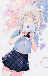 Rule 34 | 1girl, black sailor collar, blue eyes, bubble, commentary request, envelope, floral background, flower, grey background, grey hair, hair flower, hair ornament, heart, highres, holding, holding envelope, kayanogura, letter, looking at viewer, love letter, one side up, original, plaid, plaid skirt, pleated skirt, purple flower, sailor collar, school uniform, serafuku, shirt, short hair, short sleeves, skindentation, skirt, solo, thighhighs, unmoving pattern, white shirt, white thighhighs