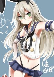 Rule 34 | 10s, 1girl, anchor, armpits, blonde hair, elbow gloves, flat chest, gloves, green eyes, hair ornament, hairband, hand on own hip, highres, kantai collection, long hair, looking at viewer, miniskirt, navel, pleated skirt, rensouhou-chan, sailor collar, shimakaze (kancolle), simple background, skirt, solo, thong, yoshizawa tsubaki