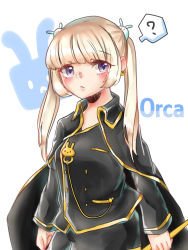 Rule 34 | 1girl, ?, blonde hair, rabbit hair ornament, commentary, hair ornament, highres, jacket, jacket on shoulders, long hair, looking at viewer, maplestory, orchid (maplestory), pout, purple eyes, solo, source request, spoken question mark, twintails, white background
