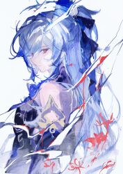 Rule 34 | 1girl, absurdres, bare shoulders, blood, blue hair, chinese commentary, commentary request, detached sleeves, expressionless, flower, from behind, hair between eyes, highres, honkai: star rail, honkai (series), jingliu (honkai: star rail), long hair, looking at viewer, looking back, red eyes, simple background, sketch, solo, spider lily, upper body, white background, yunijuebie
