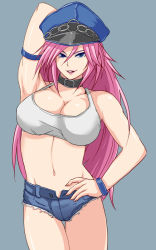 Rule 34 | 1girl, armlet, armpits, blue eyes, bracelet, breasts, capcom, cleavage, collar, crop top, denim, denim shorts, female focus, final fight, hand on own hip, hat, jewelry, large breasts, lipstick, long hair, makeup, midriff, navel, peaked cap, pink hair, poison (final fight), short shorts, shorts, simple background, smile, solo, testes