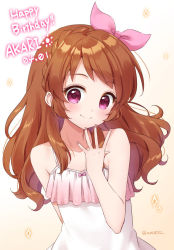 Rule 34 | 1girl, aikatsu!, aikatsu! (series), aikatsu on parade!, anz32, bad id, bad pixiv id, bare arms, bare shoulders, blush, braid, brown background, brown hair, character name, closed mouth, commentary request, crown braid, dated, dress, gradient background, hair ribbon, hand up, happy birthday, long hair, ozora akari, pink ribbon, purple eyes, ribbon, sleeveless, sleeveless dress, smile, solo, sparkle, twitter username, white background, white dress