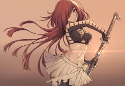 Rule 34 | 1girl, black thighhighs, breasts, cleavage, closed mouth, contrapposto, cowboy shot, expressionless, female focus, glin, glint, gradient background, hair over one eye, head tilt, holding, holding sword, holding weapon, katana, long hair, looking at viewer, midriff, navel, orange background, orange eyes, original, pleated skirt, red hair, revealing clothes, sheath, sheathed, simple background, skirt, solo, standing, stomach, sword, thighhighs, tonee, unsheathing, very long hair, weapon, white skirt