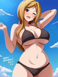 Rule 34 | 1girl, ;d, arm behind head, arm up, bare arms, bare shoulders, bikini, black bikini, blonde hair, blue sky, blush, breasts, brown eyes, character name, cloud, collarbone, commentary request, cowboy shot, day, halterneck, hand up, happy birthday, head tilt, highres, idolmaster, idolmaster million live!, large breasts, long hair, looking at viewer, mei ichi, momose rio, navel, one eye closed, open mouth, outdoors, parted bangs, sidelocks, sky, smile, solo, standing, stomach, swimsuit, underboob