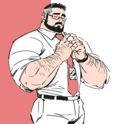 Rule 34 | 1boy, arm hair, bara, beard, black hair, blush, bulge, dopey (dopq), facial hair, feet out of frame, glasses, highres, index fingers together, large pectorals, male focus, mature male, muscular, muscular male, mustache, necktie, original, pants, pectorals, salaryman, shirt, short hair, simple background, sleeves rolled up, solo, undercut, white pants, white shirt