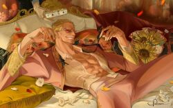 Rule 34 | 1boy, arms up, bed, bird, blonde hair, bouquet, collared shirt, crown, cushion, damon (damonn h), disembodied limb, donquixote doflamingo, earrings, flamingo, flower, formal, highres, indoors, jewelry, lily (flower), lying, male focus, multiple rings, muscular, muscular male, necklace, on back, on bed, one piece, open clothes, petals, pink suit, ring, shirt, short hair, signature, smile, suit, sunflower, sunglasses, teeth, white shirt