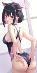 Rule 34 | 1girl, absurdres, adjusting clothes, adjusting swimsuit, animal ears, ass, back cutout, black choker, black hair, blue archive, blunt ends, breasts, cat ears, choker, clothing cutout, colored inner hair, competition swimsuit, extra ears, from behind, halo, hibika, highleg, highleg swimsuit, highres, kazusa (blue archive), looking at viewer, looking back, median furrow, medium breasts, multicolored hair, one-piece swimsuit, pink eyes, pink hair, short hair, sideboob, solo, swimsuit, two-tone hair, wedgie