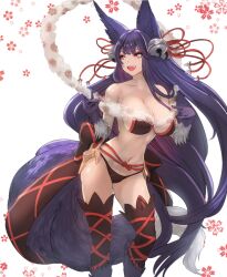 Rule 34 | 1girl, animal ears, bell, bikini, black bikini, black hair, black thighhighs, body fur, breasts, cleavage, collarbone, commentary, double fox shadow puppet, english commentary, erune, fang, floral background, fox ears, fox girl, fox shadow puppet, fox tail, gloves, granblue fantasy, hair bell, hair ornament, highres, jingle bell, kuyabudz, large breasts, long hair, looking to the side, navel, open mouth, red eyes, smile, solo, stomach, swimsuit, tail, thighhighs, very long hair, white background, yuel (granblue fantasy)