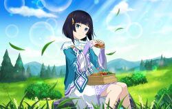 Rule 34 | 1girl, black hair, blue shirt, blunt bangs, closed mouth, day, food, game cg, grass, holding, holding food, lens flare, long sleeves, looking at viewer, miniskirt, mole, mole under eye, outdoors, premiere (sao), sandwich, shirt, short hair, sitting, skirt, smile, solo, sunlight, sword art online, white skirt