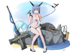 Rule 34 | 1girl, 2019, absurdres, alternate costume, animal, arescr, azur lane, bag, bikini, black bikini, blue hair, blue innertube, blue nails, blunt bangs, blush, breasts, choker, cleavage, closed mouth, clothes pull, collarbone, crab, cross, cross (weapon), cross necklace, day, eyewear on head, fleur-de-lis, flower, frilled choker, frills, gascogne (azur lane), gascogne (tropical environs acclimation service equipment) (azur lane), glasses, grey hair, groin, hair flower, hair ornament, hands up, headgear, high heels, highres, holding, holding animal, holding strap, hose, innertube, jewelry, legs together, looking at animal, medium breasts, mismatched bikini, multicolored footwear, nail polish, navel, necklace, one-piece swimsuit pull, outdoors, pulling another&#039;s clothes, rock, sandals, scrunchie, see-through, shiny skin, short hair, side-tie bikini bottom, signature, sitting, strap pull, swim ring, swimsuit, thighs, toeless footwear, toenail polish, toenails, tote bag, turtle, water, weapon, white background, white bikini, white flower, wrist scrunchie, yellow eyes, yellow scrunchie