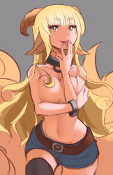 Rule 34 | 1girl, animal ears, belt, black thighhighs, blonde hair, blue shorts, breasts, brown belt, cleavage, collar, covering privates, covering breasts, cowboy shot, fox tail, goat ears, goat horns, grey background, horns, large breasts, licking, licking finger, long hair, looking at viewer, metal collar, multiple tails, navel, niseoto, original, short shorts, shorts, simple background, smile, solo, tail, thighhighs, tongue, tongue out, topless, yellow eyes