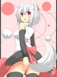Rule 34 | 1girl, animal ears, black thighhighs, blush, breasts, clothes lift, covering privates, covering crotch, detached sleeves, hat, highres, inubashiri momiji, looking back, mii (makosuke), open mouth, pink eyes, shirt, short hair, silver hair, skirt, skirt lift, solo, tail, thighhighs, tokin hat, touhou, wolf ears, wolf tail, zettai ryouiki