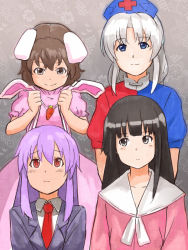 Rule 34 | 4girls, animal ears, bad id, bad pixiv id, black hair, blue dress, blue eyes, brown eyes, brown hair, business suit, carrot, carrot necklace, dress, female focus, formal, grabbing another&#039;s ear, grey eyes, hand on another&#039;s ear, hat, houraisan kaguya, inaba tewi, jewelry, multicolored clothes, multicolored dress, multiple girls, necklace, necktie, nurse, nurse cap, pendant, pink dress, portrait, purple hair, rabbit ears, red dress, red eyes, red necktie, reisen udongein inaba, shibasaki shouji, side-by-side, silver hair, smile, suit, touhou, yagokoro eirin