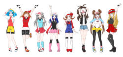 Rule 34 | 00s, 10s, 1990s (style), 6+girls, adjusting hair, akanbe, aqua eyes, aqua legwear, arm behind back, arm behind head, arm up, armpits, arms behind head, arms up, bandana, baseball cap, beanie, bike shorts, black hair, black legwear, blonde hair, blue eyes, blue hair, blush, boots, bracelet, breast envy, breasts, brown eyes, brown hair, cabbie hat, closed eyes, creatures (company), cropped jacket, dawn (pokemon), double bun, eyelid pull, female focus, full body, game freak, gloves, goggles, goggles on headwear, green (pokemon), grey eyes, hair bun, hair ornament, tucking hair, hands on own hips, hat, highres, hilda (pokemon), holding another&#039;s arm, jacket, jewelry, kris (pokemon), leg up, lineup, long hair, long sleeves, looking at another, looking at viewer, looking to the side, lyra (pokemon), may (pokemon), mouth hold, multiple girls, neron (neron88), nintendo, one eye closed, open mouth, overalls, pantyhose, pokemon, pokemon bw, pokemon bw2, pokemon dppt, pokemon frlg, pokemon gsc, pokemon hgss, pokemon rse, pokemon xy, poketch, ponytail, retro artstyle, rosa (pokemon), rubber band, scarf, serena (pokemon), shirt, shoes, short sleeves, shorts, silver hair, simple background, skirt, sleeveless, sleeveless shirt, smile, sneakers, socks, standing, standing on one leg, tank top, thighhighs, tongue, tongue out, twintails, tying hair, vest, visor cap, watch, white background, white legwear, wink, wristband, wristwatch