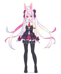 Rule 34 | 1girl, :d, animal ears, arm garter, armband, arms at sides, bare shoulders, black footwear, black ribbon, blush, boots, enkyo yuuichirou, full body, hair ribbon, highres, long hair, looking at viewer, multicolored eyes, multicolored hair, navel, necktie, open mouth, pink hair, purple eyes, rabbit ears, red eyes, red necktie, ribbon, short eyebrows, short necktie, simple background, smile, solo, straight-on, streaked hair, thigh boots, thighhighs, tomari mari, tomari mari channel, very long hair, virtual youtuber, white background, wristband