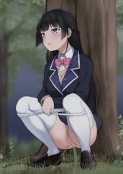 Rule 34 | 1girl, black hair, blazer, blue eyes, blue jacket, blue skirt, blush, bow, breasts, censored, convenient censoring, forest, grass, hair ornament, hairclip, highres, jacket, long hair, long sleeves, maanii, medium breasts, nature, nijisanji, panties, panty pull, peeing, plant, pussy, school uniform, shirt, shoes, skirt, squatting, sweat, sweater, thighhighs, tree, tsukino mito, underwear, virtual youtuber, white panties, white shirt, white thighhighs
