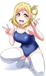 Rule 34 | 1girl, :d, blonde hair, blue one-piece swimsuit, blush, braid, breasts, commentary request, competition school swimsuit, covered navel, crown braid, double v, hair rings, hands up, highres, looking at viewer, love live!, love live! sunshine!!, medium breasts, no shoes, ohara mari, one-piece swimsuit, open mouth, school swimsuit, smile, solo, spread legs, squatting, swimsuit, thighhighs, v, w, white background, white thighhighs, yellow eyes, yopparai oni