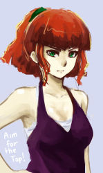 Rule 34 | 1girl, armpits, copyright name, drawfag, dress, english text, green eyes, halterneck, highres, jung freud, pas (paxiti), red hair, sidelocks, simple background, solo, top wo nerae!