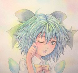 Rule 34 | 1girl, blue eyes, blue hair, bow, cirno, graphite (medium), grey eyes, hair bow, hand on own face, highres, looking at viewer, matching hair/eyes, one eye closed, open mouth, painting (medium), pastel (medium), pink background, short hair, simple background, solo, tears, touhou, traditional media, upper body, watercolor (medium), wings, wink, yuyu (00365676)