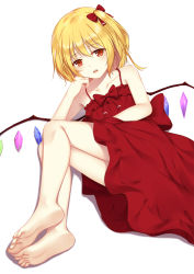 Rule 34 | 1girl, arm support, bare arms, bare legs, bare shoulders, barefoot, blonde hair, bow, collarbone, commentary request, dress, feet, flan (seeyouflan), flandre scarlet, foot focus, full body, hair bow, head rest, highres, looking at viewer, lying, on side, one side up, red bow, red dress, red eyes, simple background, soles, solo, toenails, toes, touhou, white background, wings